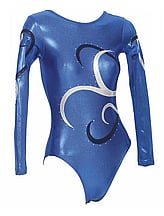 Long sleeve Gymnastics Leotard in Royal with Red and Navy blue curls around with Silver sequin dots