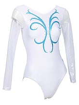 Long sleeve Gymnastics Leotard in White with a V-neck and a Turquoise drawn curl like a deer