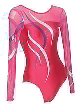 Long sleeve Gymnastics Leotard with Silver and Purple curl swirls and the sleeves and neck are mesh Raspberry and the leotard in Raspberry