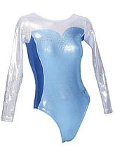 Long sleeve Gymnastics Leotard with the sleeves in Silver and the sides in Royal and the leotard in Sky Blue