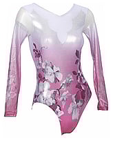 Long sleeve Gymnastics Leotard with faded colour of Pink, Red and White with Flowers on leotard and sleeves Camellia