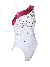 Sleeveless Gymnastics Leotard in white and red with swirl and silver sequince pattern