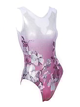 Sleeveless Gymnastics Leotard with colour fade from white to pink with flower pattern 