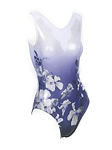 Sleeveless Gymnastics Leotard with colour fade from white to purple with flower pattern 