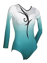 Long Sleeve Gymnastics Leotard with colour fade of Jade and White and a Black spiral in the front middle with Silver crystals covered around neck