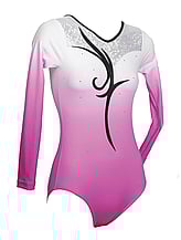 Long Sleeve Gymnastics Leotard with colour fade of Sweetpea and White with Black spiral in middle and crystals around neck line