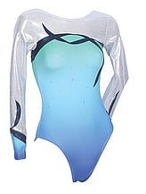 Long sleeve Gymnastics Leotard with Silver sleeves and around neck on the bottom faded colours of Blues and curve drawn on top chest and sleeves