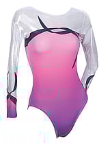 Long sleeve Gymnastics Leotard with Silver sleeves and around neck on the bottom faded colours of Berry and a slight curve curl drawn in dark Purple on top chest and bottom sleeves