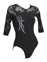 Long sleeve Gymnastics Leotard fully Black with a Silver sequin spiral on the right top side covered with lace on sleeves and upper neck