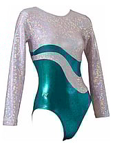 Long sleeve Gymnastics Leotard with Silver on sleeves and wrapped around neck and chest with a slight curve on leotard and the bottom half in Teal