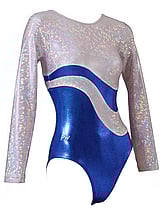Long sleeve Gymnastics Leotard with Silver on sleeves and wrapped around neck and chest with a slight curve on leotard and the bottom half in Royal