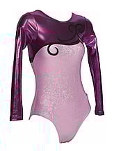 Long sleeve Gymnastics Leotard with Violet sleeves up to neck and bottom in Mauve and on the chest is a Black Curls