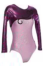 Long sleeve Gymnastics Leotard with Violet sleeves up to neck and bottom in Mauve and on the chest is a Black Curls 