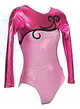 Long sleeve Gymnastics Leotard with Pink sleeves up to neck and bottom in Orchid and on the chest is a Black Curls 