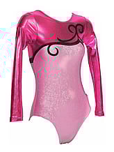 Long sleeve Gymnastics Leotard with Pink sleeves up to neck and bottom in Orchid and on the chest is a Black Curls