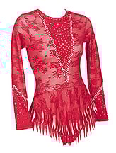 Rhythmic, Ice Skating or Roller blading Long Sleeve Leotard dress in Rosebud Red Lace with flowers and silver sequin and details
