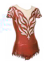 Rhythmic, Ice Skating or Roller blading Cap Sleeve Leotard dress in Ruby Red and Cream with a curl Eucalyptus and silver sequin and details