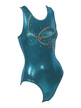 Sleeveless Gymnastics Leotard in teal with golden swirl pattern 