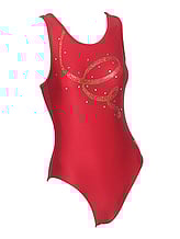 Sleeveless Gymnastics Leotard in red with golden swirl pattern 