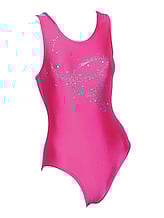 Sleeveless Gymnastics Leotard in pink with silver swirl pattern 