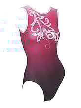 Sleeveless Gymnastics Leotard in red with silver swirl pattern 