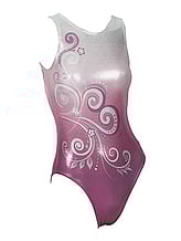 Sleeveless Gymnastics Leotard with colour fade from white to pink with white and pink swirl pattern 
