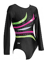 Long sleeve Gymnastics Leotard with Green, Pink and White slight curve curl and dark Denim