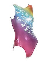 Sleeveless Gymnastics Leotard with butterfly pattern on front in rainbow and pink metallic fabric