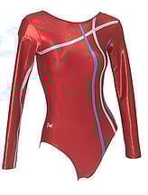 Long sleeve Gymnastics Leotard fully Red with Silver and Turquoise long lines