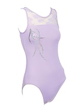 Sleeveless Gymnastics Leotard with lace top in lavender purple with silver pattern 