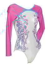 Long sleeve Gymnastics Leotard covered with Raspberry Sleeves outline with a Blue around neck and chest with the bottom covered in White and Flowers in Purple on both sides