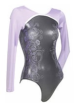 Long sleeve Gymnastics Leotard covered in Lilac Sleeves outline with White around neck and chest with the bottom covered in Gunmetal and Flowers in Purple drawn on both sides