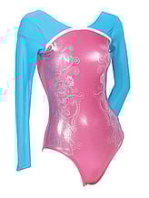 Long sleeve Gymnastics Leotard covered in Blue Sleeves outline with White around neck and chest with the bottom covered in Candy Pink and Flowers in White and bit of Blue drawn on both sides