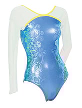 Long sleeve Gymnastics Leotard covered in White Sleeves outline with Yellow around neck and chest with the bottom covered in Turquoise and Flowers drawn in White on both sides