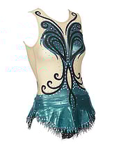Rhythmic, Ice Skating or Roller blading Leotard Dress in Teal with curl swirls in Black and Cream background with Silver sequin and details