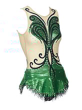 Rhythmic, Ice Skating or Roller blading Leotard Dress in Kelly Green with curl swirls in Black and Cream background with Silver sequin and details