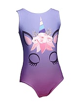 Sleeveless Gymnastics Leotard in purple with unicorn pattern
