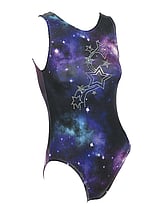Sleeveless Gymnastics Leotard in Purple with space design galaxy and Silver sequin stars and details
