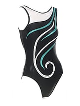 Sleeveless Gymnastics Leotard with a curl swirl in White and Teal with Black background 