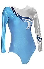 Long sleeve Gymnastics Leotard with right sleeve Turquoise and left sleeve Silver with Navy Blue, Black and Silver curls