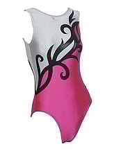 Sleeveless Gymnastics Leotard in White and Raspberry with Black curl swirls from the top right shoulder strap downwards across the side hip