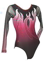 Long Sleeve Gymnastics Leotard with Silver sequin spiral flames with colour fade of Black and Red 