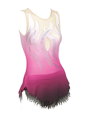 Sleeveless Rhythmic, Ice Skating or Roller blading Leotard dress with flames and silver sequin details in pink colour fading to white