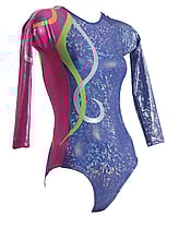 Long sleeve Gymnastics Leotard with right sparkle sleeve and left sleeve in Green with a Green swirl curl and half Black leotard