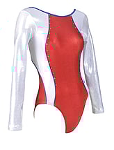 Long sleeve Gymnastics Leotard with Candy Pink sleeves and White curl on top chest and in Turquoise