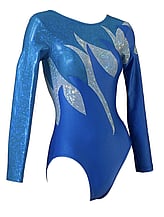 Long sleeve Gymnastics Leotard with Sleeves and neck in Yellow decorated with a White curl swirl and bottom half of leotard in Gunmetal