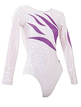 Long sleeve Gymnastics Leotard with the sleeves in Silver with leotard in Turquoise with Pink and Green curls