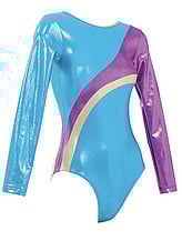 Long sleeve Gymnastics Leotard in White with a V-neck and a Turquoise drawn curl like a deer