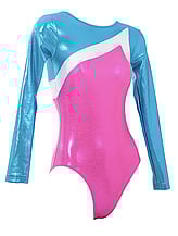Long sleeve Gymnastics Leotard with Candy Pink sleeves and White curl on top chest and in Turquoise