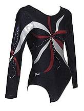 Long sleeve Gymnastics Leotard with Sleeves and neck in Yellow decorated with a White curl swirl and bottom half of leotard in Gunmetal